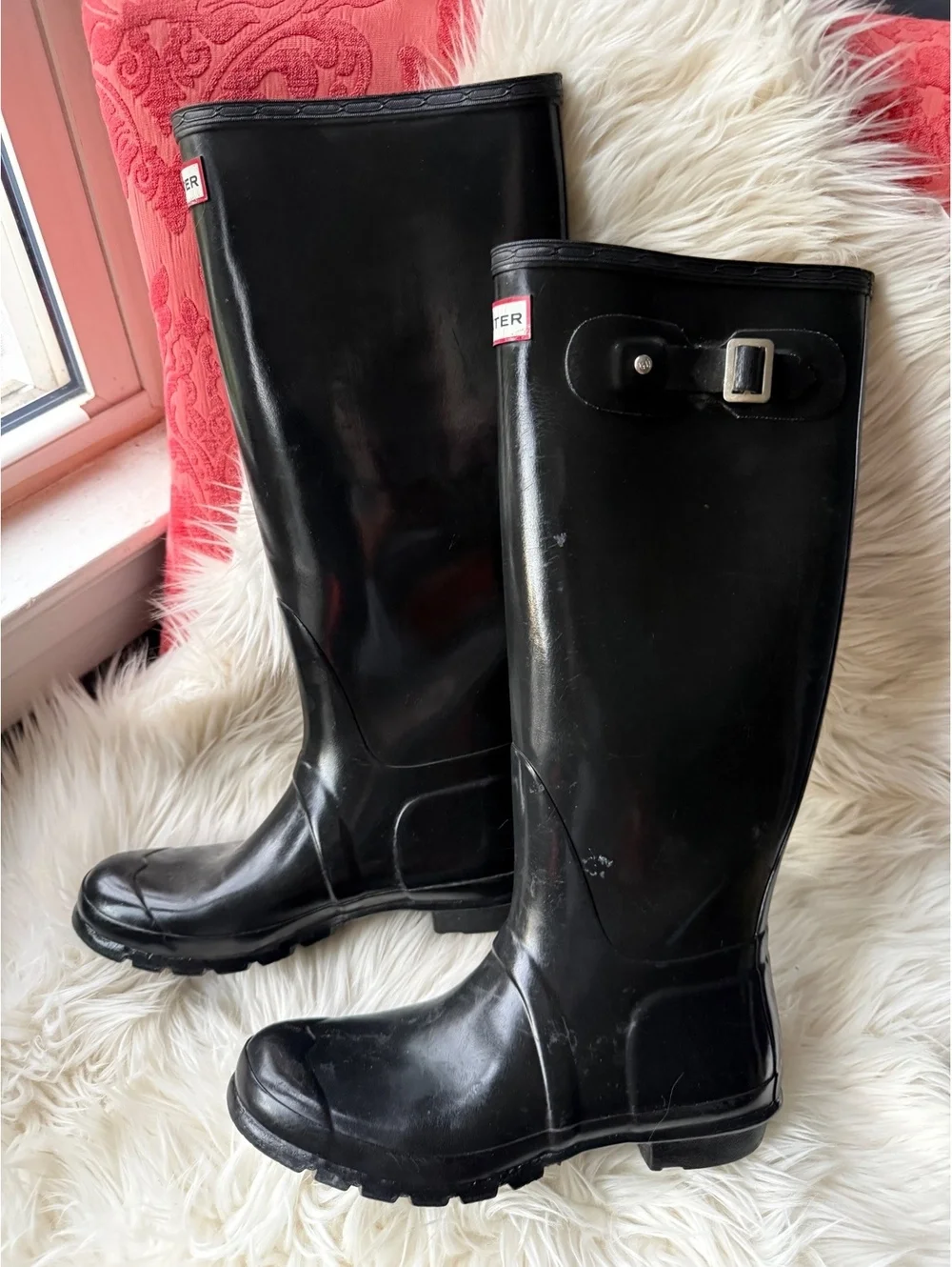 Hunter Black Tall Rain Boots with Adjustable Buckle